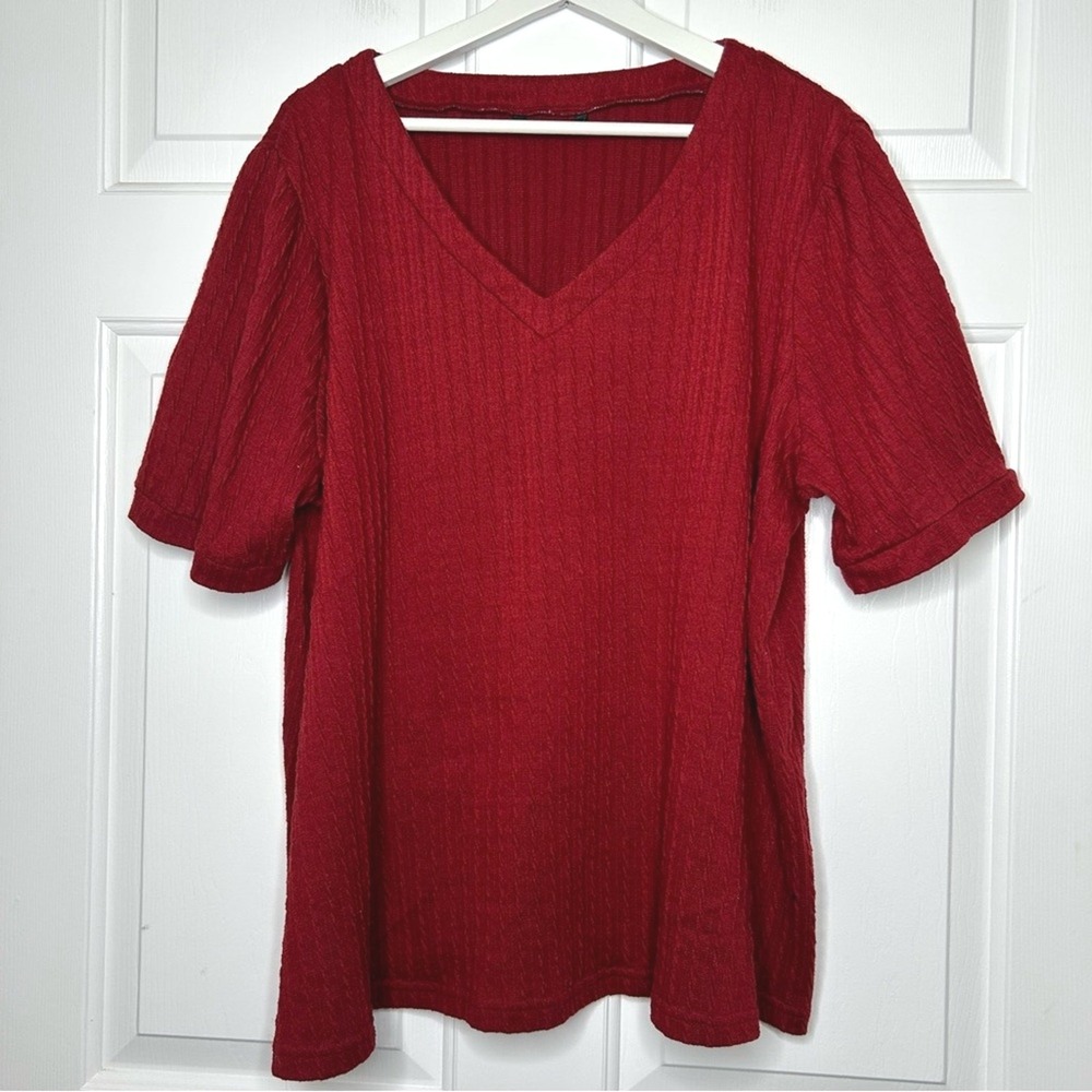 BloomChic Red V‎ Neck Knit Top Short Sleeve Casual Shirt 14 16